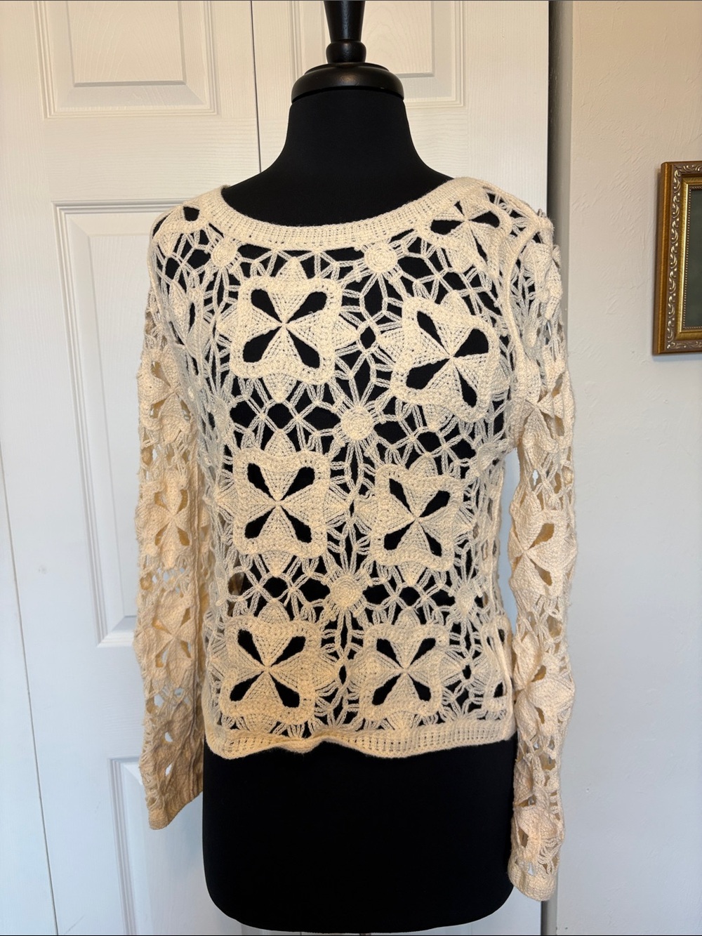 NWOT Rebellion Again Cream Open-Knit Crochet Flower Sweater - Medium.